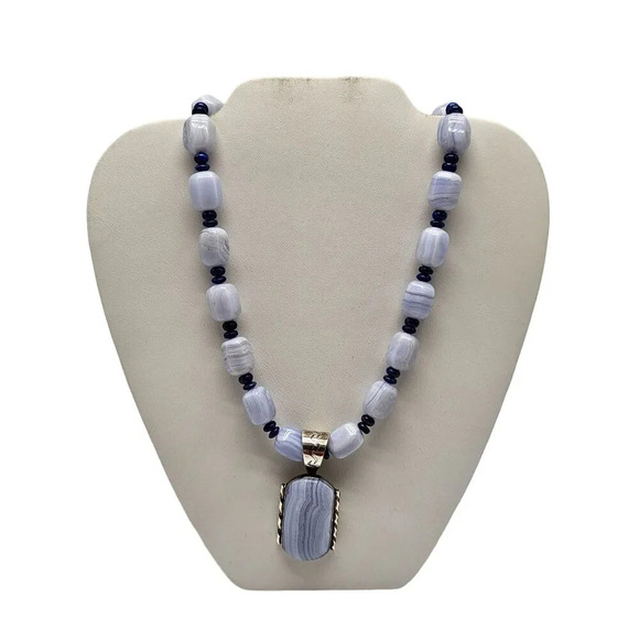 Mine Finds By Jay King DRT Blue Lace Agate Sterling Silver Bead Necklace Pendant - Picture 1 of 7
